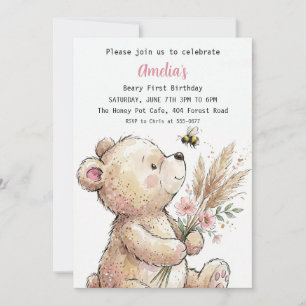 Invitación Cumpleaños de niña con oso de acuarela dulce