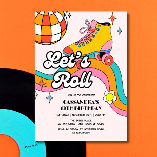 Invitación Cumpleaños de niña con patinaje retro Let's Roll