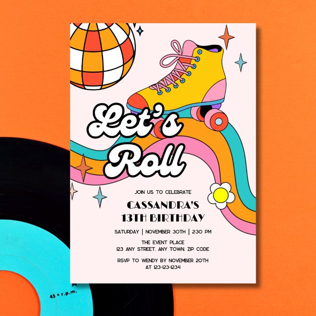 Invitación Cumpleaños de niña con patinaje retro Let's Roll (Subido por el creador)