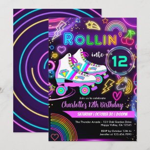 Invitación Cumpleaños de niña con patines de rodillos neon