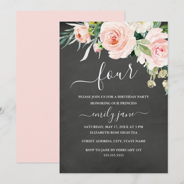 Invitación Cumpleaños de niña con pizarra de flores rosadas (Anverso / Reverso)