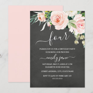 Invitación Cumpleaños de niña con pizarra de flores rosadas