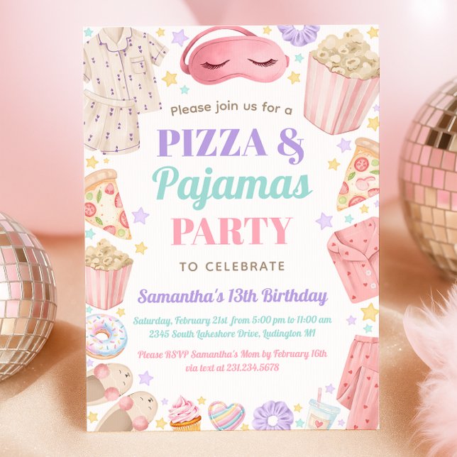Invitación Cumpleaños de niña con pizza y pijamas para una fi (Cute Pizza & Pajamas Slumber Party Girl Birthday Invitation)