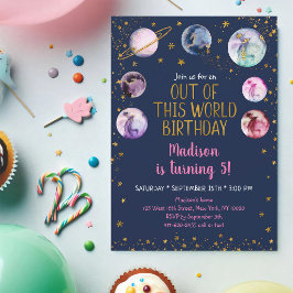 Invitación Cumpleaños de niña con planetas de galaxia rosa