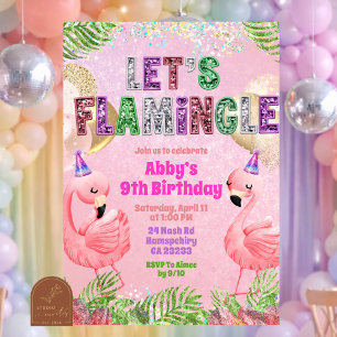 Invitación Cumpleaños de niña con purpurina Flamingle 