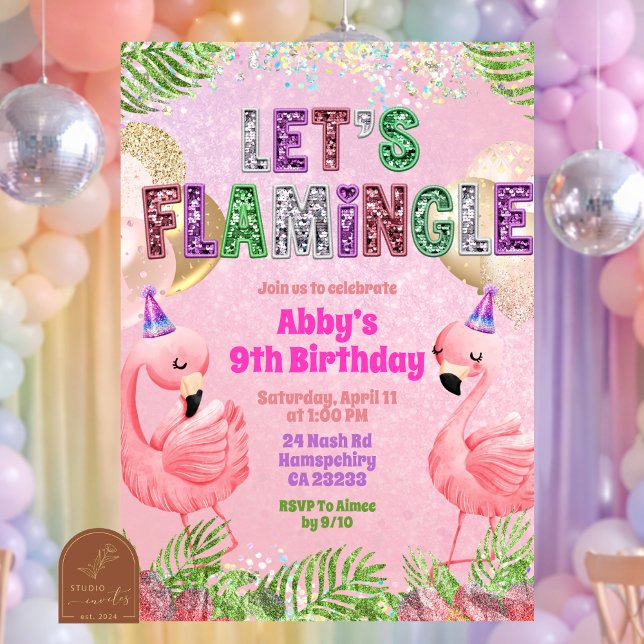 Invitación Cumpleaños de niña con purpurina Flamingle  (Subido por el creador)