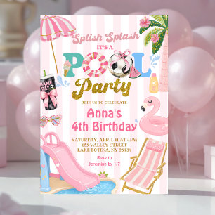 Invitación Cumpleaños de niña con raya rosa fútbol piscina fi