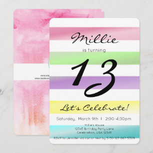 Invitación Cumpleaños de niña con rayas de arcoíris pastel