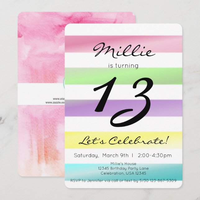 Invitación Cumpleaños de niña con rayas de arcoíris pastel (Anverso / Reverso)