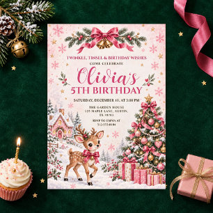 Invitación Cumpleaños de niña con reno de Navidad rosa