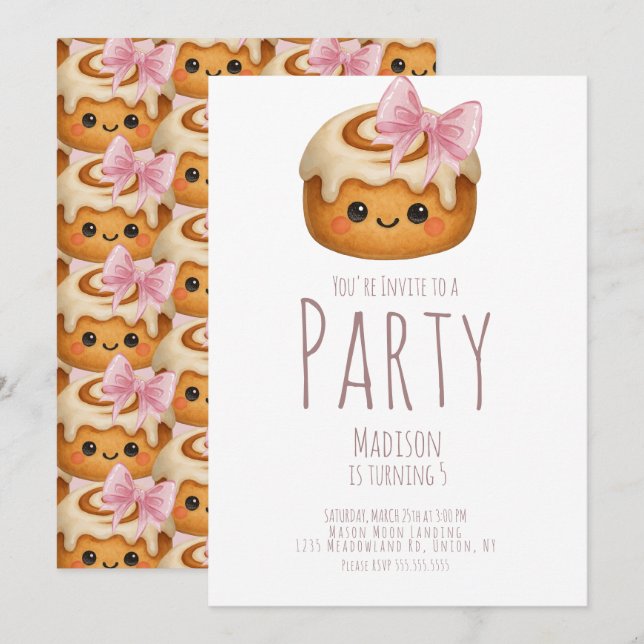 Invitación Cumpleaños de niña con rollo de canela lindo (Anverso / Reverso)