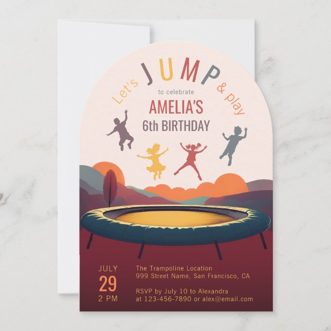 Invitación Cumpleaños de niña con saltar y jugar en trampolín (Anverso)