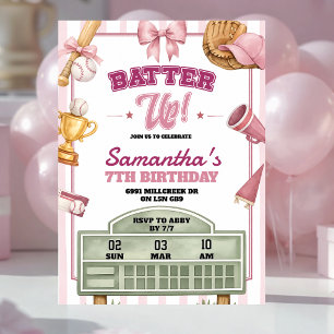 Invitación Cumpleaños de niña con tema de béisbol rosa púrpur