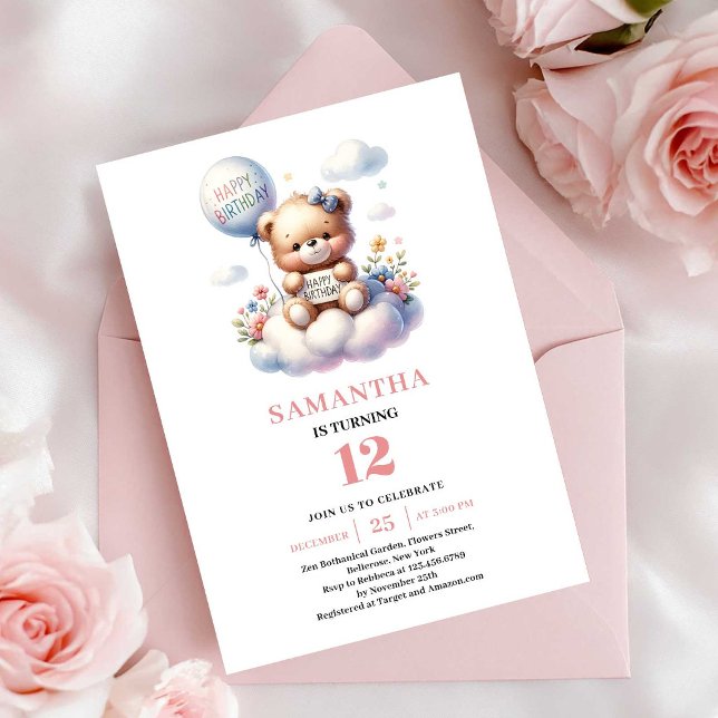 Invitación Cumpleaños de niña con tema de globo de osito de p (Sweet teddy bear balloon theme girl birthday invitation

)
