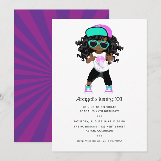 Invitación Cumpleaños de niña con tema de Hip Hop (Anverso / Reverso)
