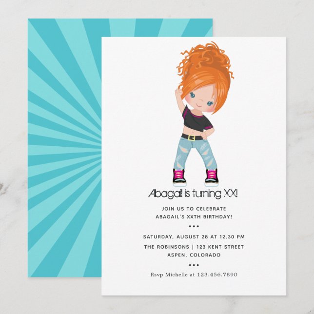 Invitación Cumpleaños de niña con tema de Hip Hop (Anverso / Reverso)