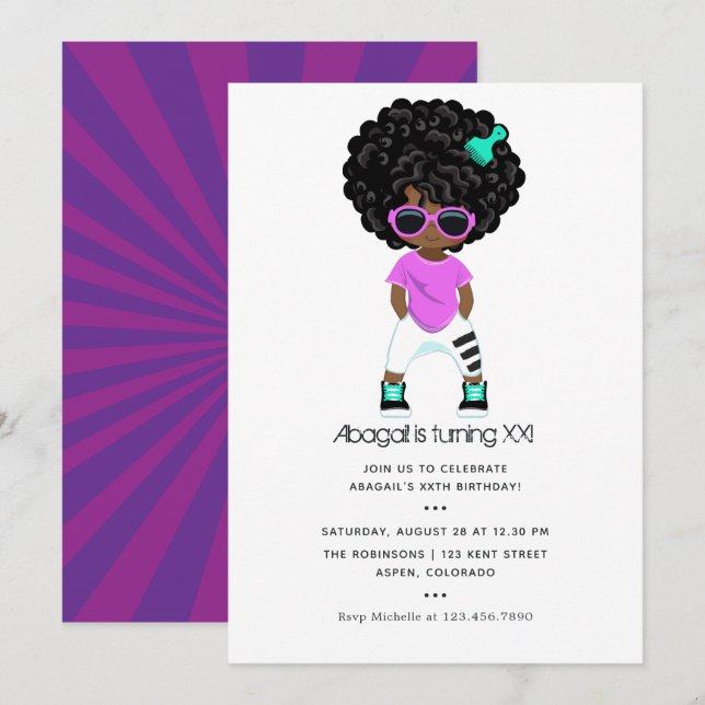 Invitación Cumpleaños de niña con tema de Hip Hop (Anverso / Reverso)