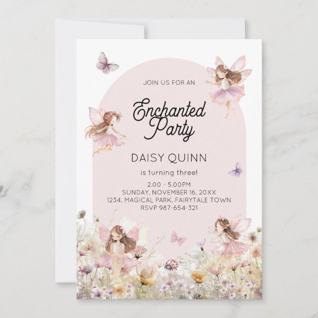 Invitación Cumpleaños de niña con tema de jardín de hadas (Anverso)