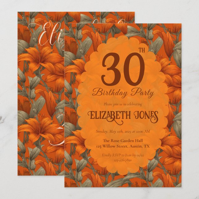 Invitación Cumpleaños de niña con tema de lirios personalizad (Anverso / Reverso)