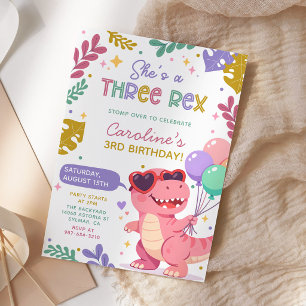 Invitación Cumpleaños de niña con tres dinosaurios rosas Rex