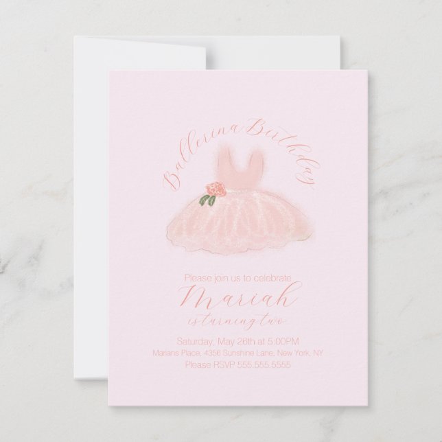 Invitación Cumpleaños de niña con tutú de bailarina a cualqui (Anverso)