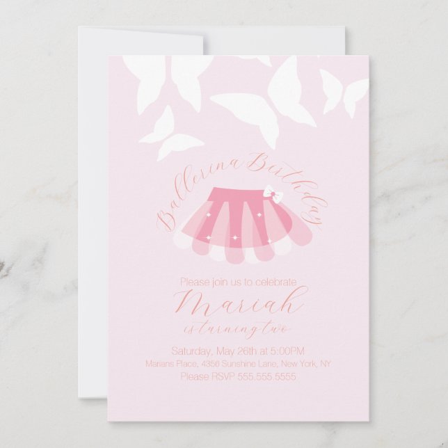 Invitación Cumpleaños de niña con tutú de bailarina Mariposa (Anverso)