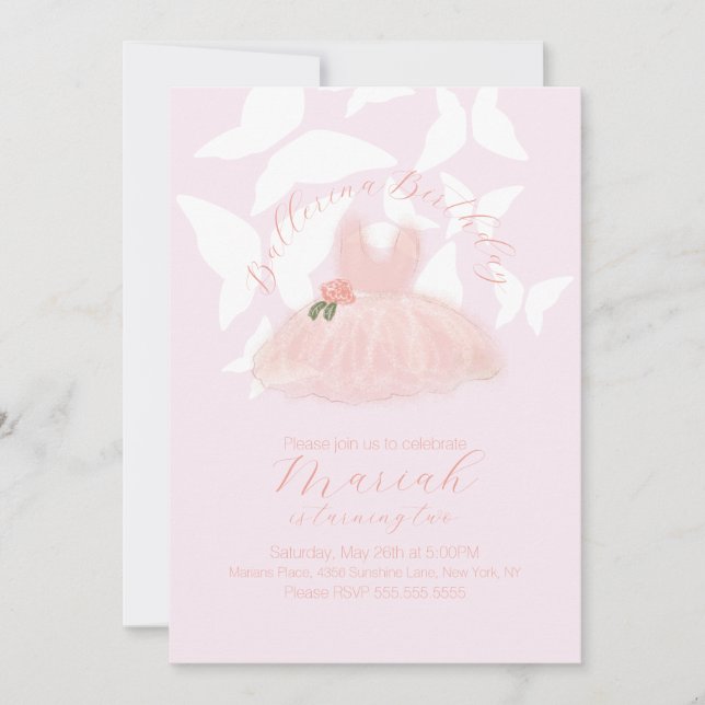 Invitación Cumpleaños de niña con tutú de bailarina y maripos (Anverso)