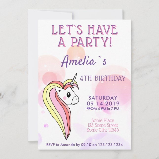 Invitación Cumpleaños de niña con unicornio lindo (Anverso)