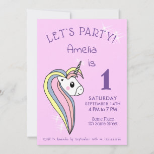 Invitación Cumpleaños de niña con unicornio rosa brillante