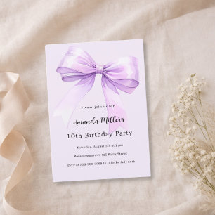 Invitación Cumpleaños de niña coqueta con lazo de lavanda