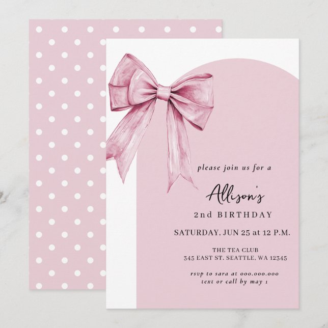 Invitación Cumpleaños de niña coqueta con lazo rosa (Anverso / Reverso)