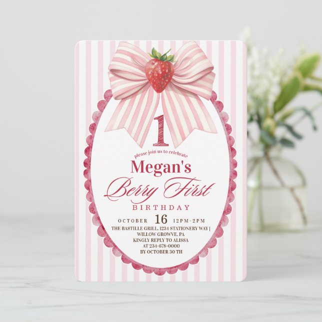 Invitación Cumpleaños de niña coquette de fresa 1er  (Anverso de pie)