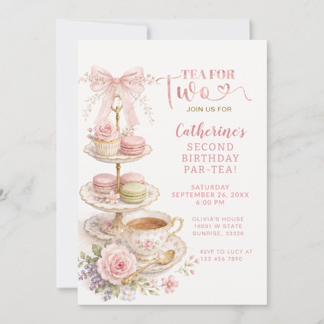 Invitación Cumpleaños de niña Coquette Pink Bow Tea For Two  (Anverso)