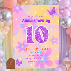 Invitación Cumpleaños de niña de 10 años con glitter tie dye