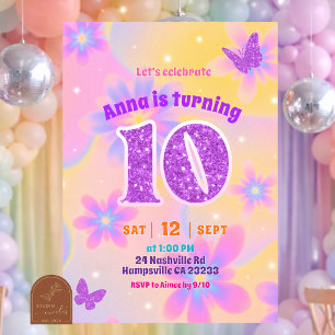 Invitación Cumpleaños de niña de 10 años con Glitter Tie Dye