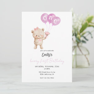 Invitación Cumpleaños de niña de 1 año con osito de peluche r
