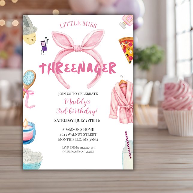Invitación Cumpleaños de niña de 3 años Pink Threenager (Subido por el creador)