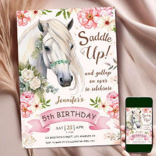 Invitación Cumpleaños de Niña de 5 Años Caballo Flores Rosas 