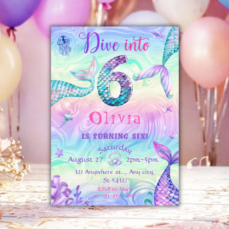 Invitación Cumpleaños de niña de 6 años cola de sirena bajo e