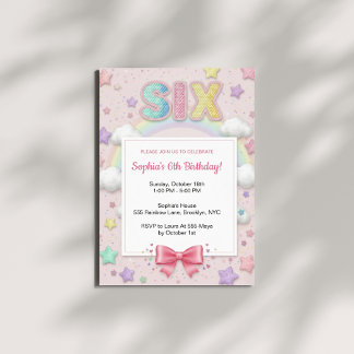 Invitación Cumpleaños de niña de 6 años con purpurina de arco