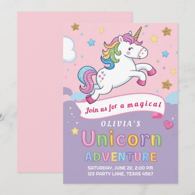 Invitación Cumpleaños de niña de arcoíris de unicornio lindo  (Anverso / Reverso)