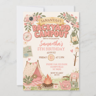 Invitación Cumpleaños de niña de campamento en el patio trase