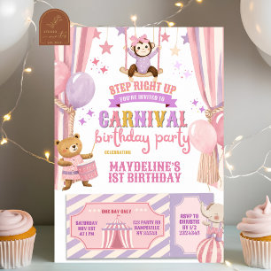 Invitación Cumpleaños de niña de carnaval de circo morado ros
