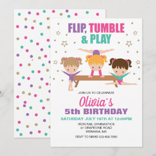 Invitación Cumpleaños de niña de gimnasia rosa púrpura turque