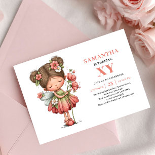 Invitación Cumpleaños de niña de hadas soñadora floral rosa p