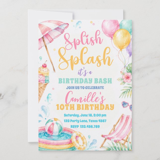 Invitación Cumpleaños de niña de salpicaduras de verano fiest (Anverso)