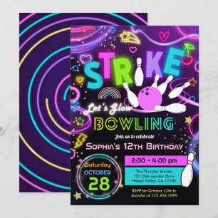 Invitación Cumpleaños de niña de Strike Let's Glow Bowling