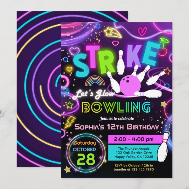 Invitación Cumpleaños de niña de Strike Let's Glow Bowling  (Anverso / Reverso)