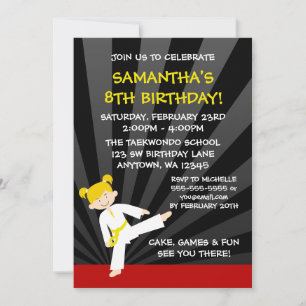 Invitación Cumpleaños de niña de Taekwondo Karate Cinturón Am