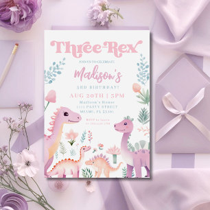 Invitación Cumpleaños de niña de tres años con dinosaurio ros